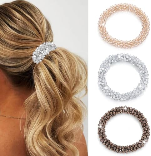 Yamobi 3 Piezas Lazos para el Cabello con Piedras de Estrás, Cristales y Champán, Bandas Elásticas para el Cabello, Lazos Brillantes, Accesorios Decorativos para el Cabello para Niñas