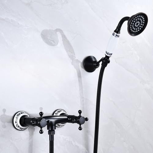 Robinetterie de Bain Vintage avec Douche, mitigeur de Douche Mural en Laiton à Double Levier, Noir Antique
