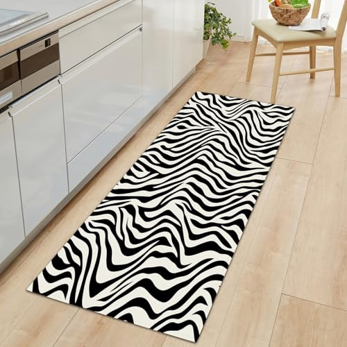 Generisch Teppich Läufer 70 x 200 cm, Abstraktes Tier Zebra Muster Teppichläufer Flur rutschfest Waschbar Küchenläufer, Schwarzweiß Küchenteppich Läufer für Eingang Flur Küche Schlafzimmer Wohnzimmer