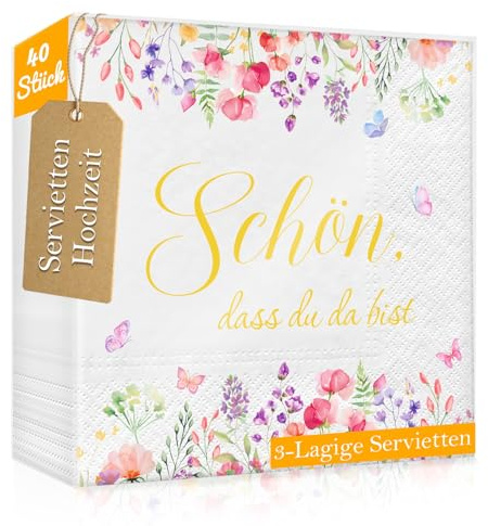 WenmthG 40 Stück Servietten Hochzeit Schön Dass Du Da Bist 33 x 33 cm - 40 Servietten 3-Lagige weich mit Blumen Motiv - Tischdeko für Hochzeit, Frühling, Taufe, Sommer