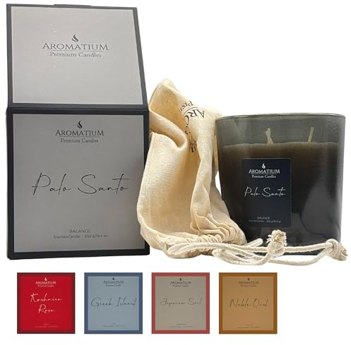 Vela aromática ecológica 550 g – Palo Santo | Aroma místico purificador | 70 h de duración | Cera vegetal | Incluye caja de regalo y bolsa de lino | Premium XL