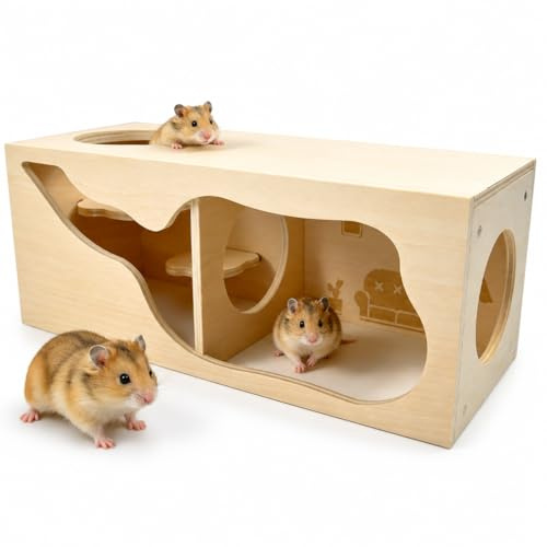 Hamster Hideout Wooden House Multi Chamber Hides Hamsters Hideout | Small Animals Pets Tunnel Exploring Toys Wooden Houses Platform Shelter for Syrian Dwarf Hamsters Rats Mice Gerbils