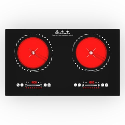 VBGK Plaque vitrocéramique, 220V, 3600W plaque de cuisson avec commandes tactiles LED, 9 niveaux de puissance, sécurité enfants, minuterie de 4 heures – Modèle 60 centimètres à 2 foyers.