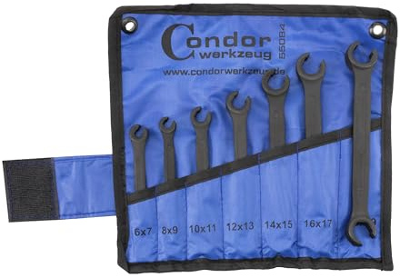 CONDOR Werkzeug 55084 | Offener Ringschlüssel-Satz | Leitungsschlüssel-Satz | 7-tlg. | SW 6x7-18x19 mm | matt schwarz | Bremsleitungsschlüssel Satz für Werkstatt und Heimwerker