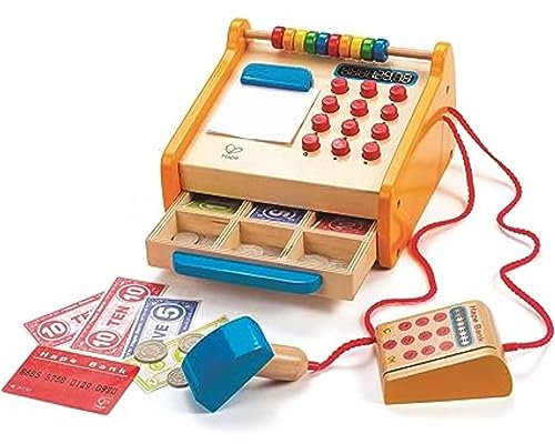 Hape Registrierkasse 37-teiliges Kassen-Set aus Holz für Kinder|mit Taschenrechner-Funktion