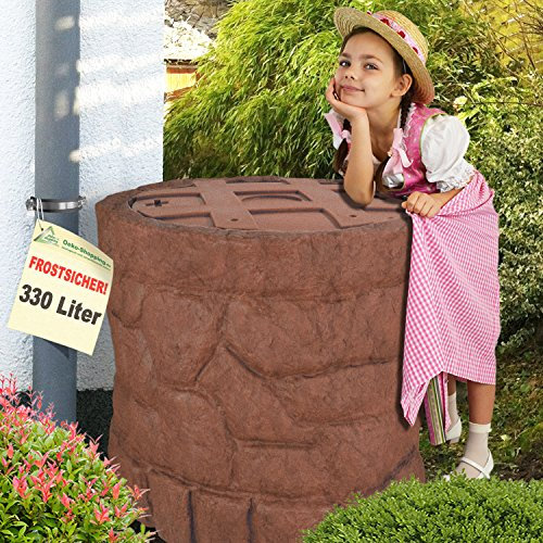 Sonderpreis! Regentonne Regenfass Regenspeicher Regenwassertonne Märchenbrunnen 330l mit Wasserhahn und stabilem Deckel (Stein-braun)