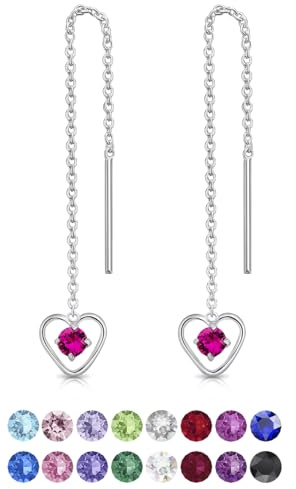 DTPsilver® Durch Ohrringe ziehen 925 Sterling Silber mit Baumelnde Herz und 3 mm runden Swarovski® Elements Kristall - Länge 68 mm - Farbe : Fuchsie