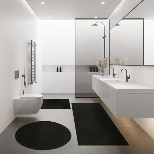 Paco Home Badezimmerteppich Badematte Badteppich Waschbar rutschfest Weich Modern Einfarbig, Grösse:Ø 80 cm Rund, Farbe:Schwarz