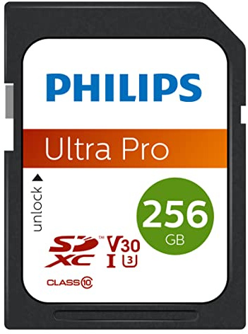 Philips Ultra Pro SDXC-kort 256 GB UHS-I U3, läshastighet upp till 100 MB/s, V30, minneskort för kameror, surfplatta, PC, kortläsare, 4K UHD-video