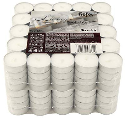 Hofer Tealight Candele Bianche Non profumate - 200 Pezzi - Tea Light Candeline Cera Antigoccia - Durata di combustione 4 Ore - 2 x Set di 100 Lumini