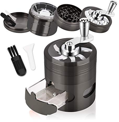 Joymaking Herb Grinder Hand Cranked, 2.5 Large Capacity Spice Grinder with Handle and Magnetic Lid, 4 Pieces Zinc Alloy Grinder with Drawer and Pollen Catcher (Gun Black, 2.5)