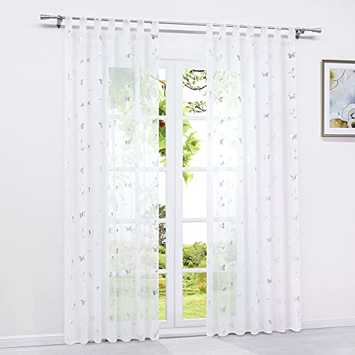 HeichkelL Voile Vorhang mit Schlaufen Transparent Gardine Modern Silberglänzende Schmetterlinge 1 Stück Schlaufenschals Luftige Fensterstores für Wohnzimmer BxH 140x225 cm