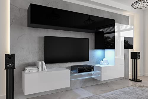 Furnitech Wohnwand Wohnzimmer | Wohnzimmer Möbel mit LED RGB - 16 Farben | Hängend Wohnwand Modern | Wohnzimmer Schrankwand mit Regale und TV Schrank (AN92NEW-21BW-HG4)