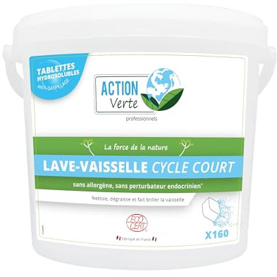 ACTION VERTE - Tablette lave-vaisselle classique - Cycle court - Nettoie, dégraisse et fait briller - Formule anti-gaspillage - Ecocert - 160 pastille- Fabrication française