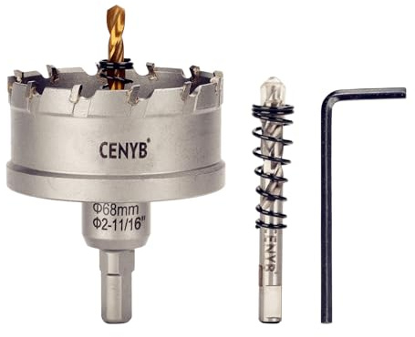 CENYB scie cloche metal 2-11/16 (68mm) à pointe en carbure de tungstène, avec 2 forets pilotes titanées - Idéale pour métaux durs, acier inoxydable, fer, alliage d'aluminium, bois et plastique