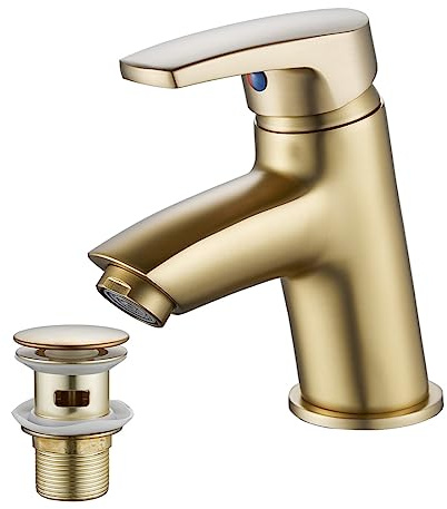 Luckyhome Gold Basin Mixer Tap with Pop up Waste,Hot and Cold Single Lever Basin Sink Mixer Tap
