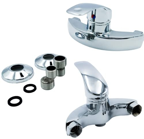 MAKA Rubinetto Miscelatore a Muro per Lavello Cucina Fori Parete Distanti 18 cm Ottone Cromato Lucido Entrata Filettato Femmina 3 cm Uscita Canna Acqua Filettato Maschio 1 cm con Adattatori