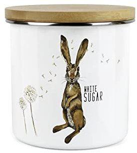 Purely Home Hares and Dandelions White Sugar Storage Canister by Rhiannon Chauncey - White Metal Enamel Kitchen Food Storage Container