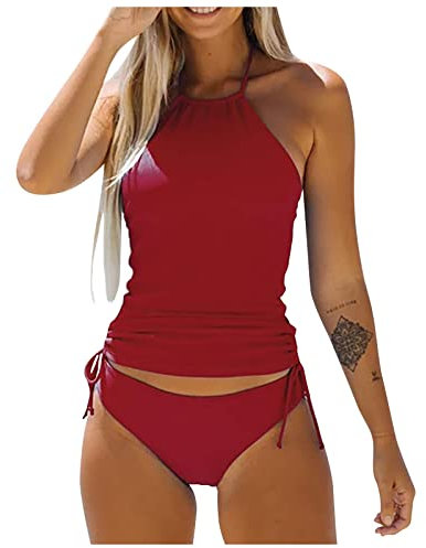 Maillots Deux Pièces Femme Bandeau pour Cacher Le Ventre Tankini Ronde Retro Push Up Sculptant Trikini Sexy Dos Nageur Monokini(02Vin,XL)