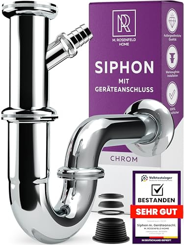 M. ROSENFELD HOME Siphon Waschbecken – Universal Röhrensiphon 1 1/4 für Waschtisch im Bad, Geruchsverschluss mit Abflussrohr, Komplettset mit Dichtungen & Rosette