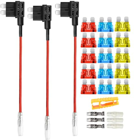 Aiqeer 3 Stück 12V / 24V Medium Add-a-Circuit Sicherung Taps, Auto Piggyback Sicherungshalter mit Kabelbaum, Gratis 15 Stück Standard Flachsicherungen und Sicherungszieher (Butt Terminal)