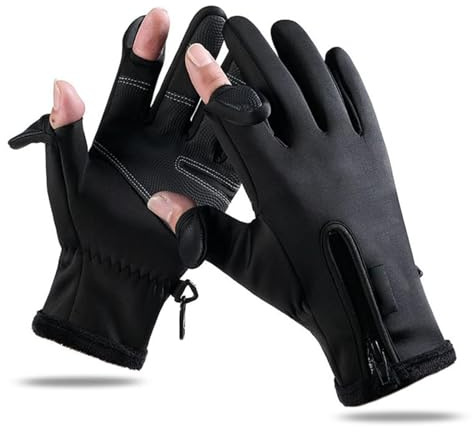 HERCHR Angelhandschuhe, Winter-Fahrradhandschuhe, Warm, Gepolstert, Verdickend, Touchscreen, 2 Geschnittene Finger, wasserdichte Reithandschuhe, Schwarz, Für Outdoor, Kajakfahren, Rudern