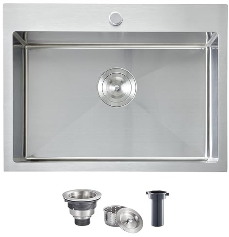 VCCUCINE 22x18 Inch Drop in Kitchen Sink,16 Gauge Topmount RV Small Kitchen Bar Sink, Handmade Stainless Steel Wet Bar Sink, Outdoor Single Bowl, Brushed Nickel Prep Sink with Strainer
