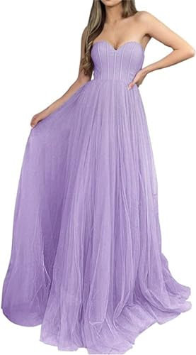 HPPEE Vestidos de fiesta de tul con purpurina largos sin tirantes con escote corazón formal elegante vestidos de fiesta de noche para mujer WYX465, Lila, 48