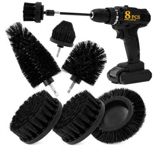 ETOUPA 8 Pcs Drill Brush Attachment Set, Power Cleaning Scrub Brush Kit with Extend Long Attachment, All Purpose Drill Scrub Brushes for Car, Grout, Floor, Tub, Bathroom and Kitchen (Black)