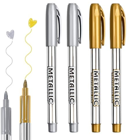 4 Pièces Marqueurs Métalliques Feutres, Stylos Marqueurs Métalliques Or et Argent, Effet Brillant, Parfaits pour Scrapbooking, DIY Album, Encre Permanente, Écriture Douce et Séchage Rapide(1.5mm)