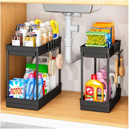 PurKeep 2 Pack Under Sink Storage - 2 Tier Kitchen Storage and Organisation Cupboard Organiser, Under Sink Shelf, Under Cabinet Organizer with Hooks, for Bathroom Kitchen Countertop, 2 Size 1L+1M