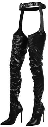 blingqueen Damen Overknee Chaps Stiefel Stiletto High Heels | Spitze Zehen, Chap Boots Metallic, Lack Glatt Optik, mit Reißverschluss, für Festivals, Cosplay oder auffällige Streetwear