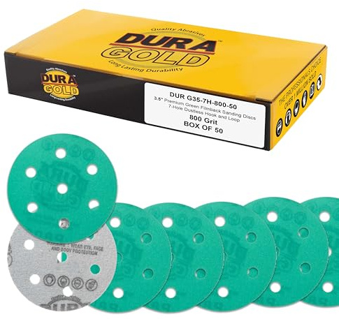 Dura-Gold Premium 800 Grit 3.5 (90mm) Green Film Sanding Discs, 7-Hole Pattern, Box of 50 - Fits Festool RO 90 Rotex Hook & Loop Backing Sandpaper for Random Orbital Sander, Auto Paint Wood Furniture