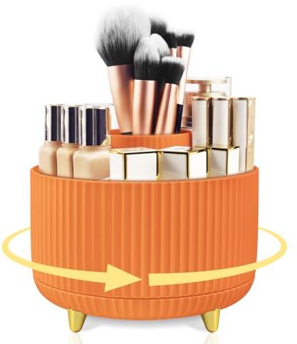 HOOMOOZ Organizador de Maquillaje Giratorio, Organizador de Brochas 360°, Almacenaje Cosméticos Pintalabios Lápiz Cejas de Mesa Tocador Baño, Naranja