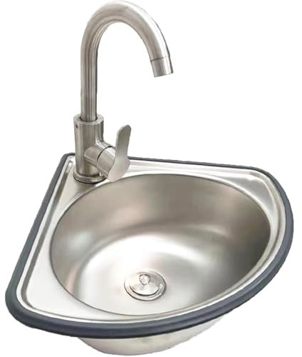 GWFBLID Einschalen-Spülbecken Edelstahl-Dreieckswaschbecken，Waschbecken Badezimmer, Eckwaschbecken, Edelstahl Küchen Spülbecken mit Wasserhähnen,Wandmontage,Für Wohnmobil Und Wohnwagen