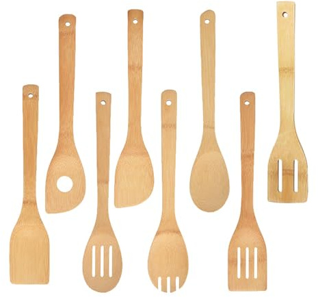 Pfannenwender Holz, 8 Stück Holzlöffel zum Kochen Griff ist 30cm lang | Kochlöffel Holzkochlöffel Bambus Utensilien Holzlöffel für Antihaft Pfanne