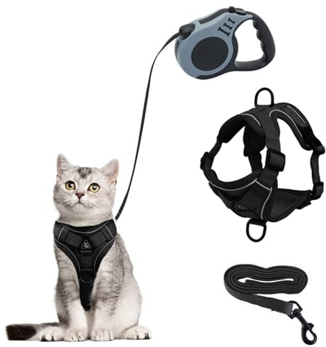 QKTYB Imbracatura per Gatti con Guinzaglio Avvolgitore, Anti-Scoppio, 5 M Guinzaglio per Gatti Retrattile, Regolabile, Rete Traspirante (Nero, M)