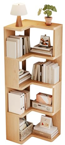 JFOZDM 4 Etagen Eckregal Stehend, Bücherregal Holz, Eckschrank Wohnzimmer, Bücherregal Ecke, Platz Sparen/Präsentation, für Arbeitszimmer, Schlafzimmer, Büro, Holzfarbe