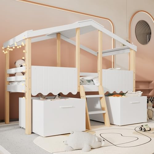 Merax Kids Single Bunk Bed with Storage, Kids Wooden Storage Bed with 2 Large Boxes with Wheels, Children's Treehouse Bed Frame with Ladder, Safety Guardrail, White+Natural, 90 x190 cm
