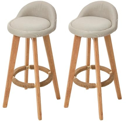 Warmiehomy High Breakfast Bar Stools Set of 2 Kitchen Island Bar Stools with Solid Wood Legs Modern Linen Fabric Barstools Set of 2 for Kitchen Counter, Dining Room, Pub, Bistro, Cafe, Beige