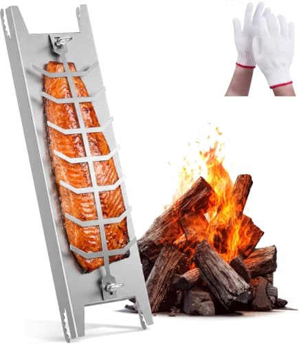 Flammlachsbrett Edelstahl [59,5cm] Extra Langer Flammlachshalte, 180° Drehbar & 5-Stufig Einstellbarer Neigungswinkel, Spülmaschinenfest, Langlebig, Flammlachsbretter für Feuerschale und Kugelgrill
