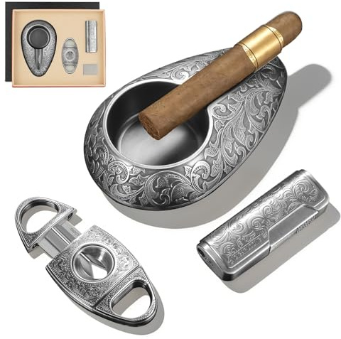 CIGARLOONG Premium Cigar Gift Set for Men - Cigar Guillotine & V-Cutter, Windproof Jet Lighter, Ashtray in Gift Box (Refillable Lighter, No Gas Included) (silver)