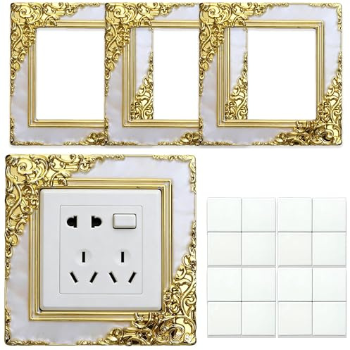 Light Switch Surround,Decorative Light Switch Cover,White Gold Switch Frame DWUENT Elegant Floral Decor for Wall Switch Plates,Self Adhesive,Easy Peel and Stick Installation,4 Pack (13.7cm x 13.7cm)