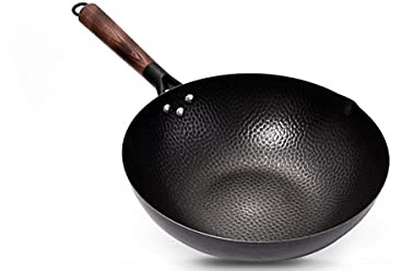 Sartén de acero al carbono martillado con mango de madera, olla de hierro chino, sartén sin revestimiento de 32 cm, sartén antiadherente apta para inducción eléctrica de gas natural, A