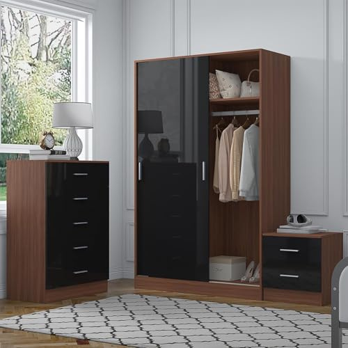 Reflect 2 Door Sliding Wardrobe, 5 Drawer Tallboy Chest, 2 Drawer Bedside Table | Black Gloss & Walnut Finish | Modern Bedroom Furniture Set