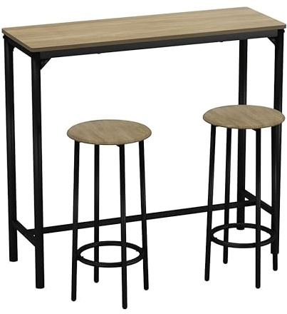 URBNLIVING CANCUN Bar Table and Stools Set – Industrial Kitchen Dining Breakfast Counter Furniture with 2 or 4 Chairs, Space-Saving Design for Home & Small Spaces - 3 Piece - Oak