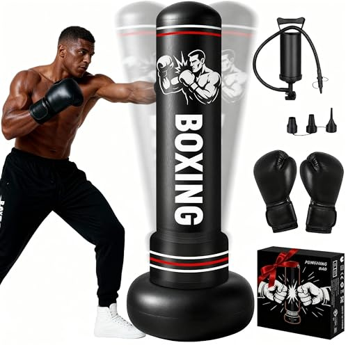 Boxsack Erwachsene 190cm, Qoosea Stehender Boxsäcke Aufblasbarer Trainingsboxsack mit Boxhandschuhe, für Teenagern und Erwachsenen Standboxsack Taekwondo Üben von Karate, Kickboxen,Taekwondo, MMA