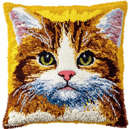 ORLUMY Knüpfkissen Knüpfen Set Zum Selber Knüpfen,Knüpfhaken-Set,Katze Deko Kissenbezug,Kreativ Knüpfset Latch Hook Kit Für Kinder Und Erwachsene Geschenke Sofadekoration 43X43Cm