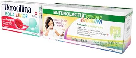 Enterolactis Bambini Bevibile 12 flaconcini gusto lampone+ NEO BOROCILLINA Gola Junior, 15 Pastiglie Gommose, dispositivo medico gusto fragola