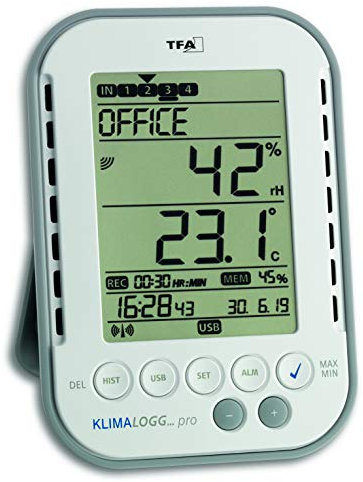 TFA Dostmann Klimalogg Pro Profi-Thermo-Hygrometer, 30.3039, mit Datenlogger-Funktion, Alarm-Funktion, Max.-Min.-Werte, professionelle Raumklimaüberwachung, Weiß, L 98 x B 25 (77) x H 137 mm